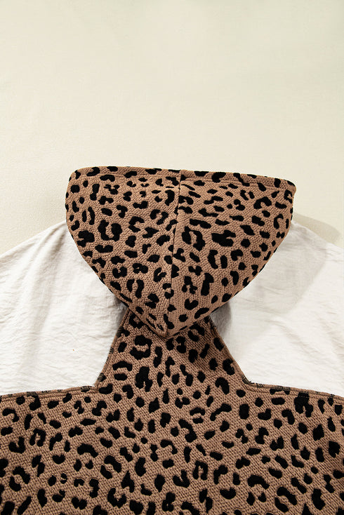 Leopard Patchwork Contrast Piping Hooded Open Front Jacket