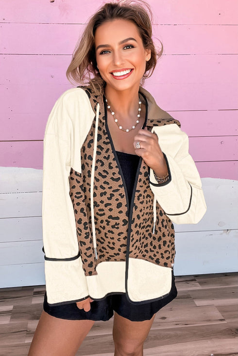 Leopard Patchwork Contrast Piping Hooded Open Front Jacket