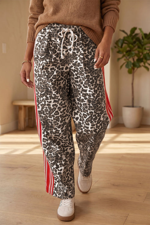 Leopard Patchwork Elastic Waist Panel Detail Jeans