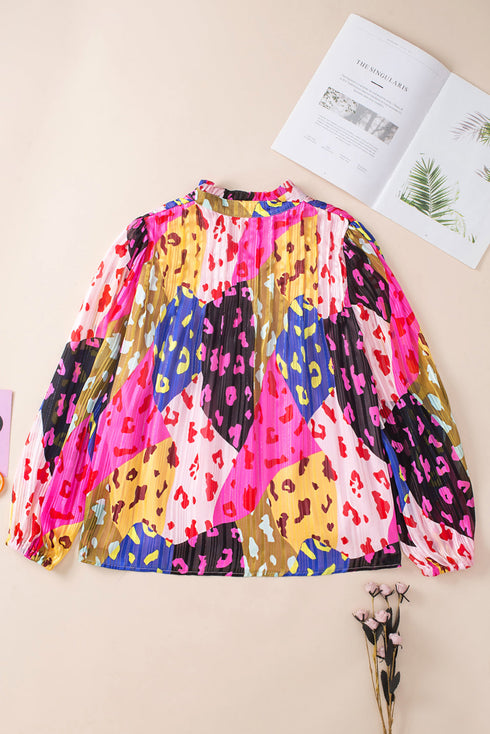Leopard Patchwork Print Pleated Blouse