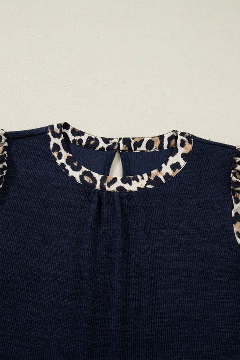 Leopard Patchwork Ribbed Knit Short Sleeve Pocket Top