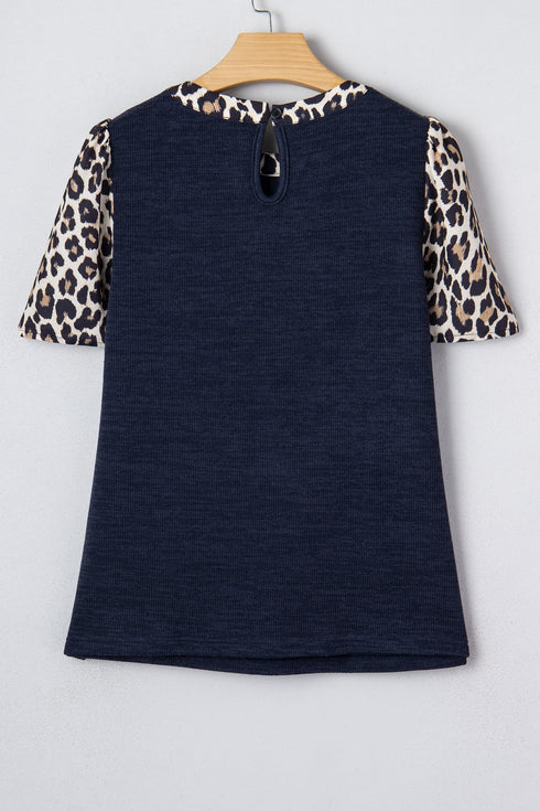 Leopard Patchwork Ribbed Knit Short Sleeve Pocket Top