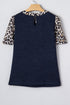 Leopard Patchwork Ribbed Knit Short Sleeve Pocket Top