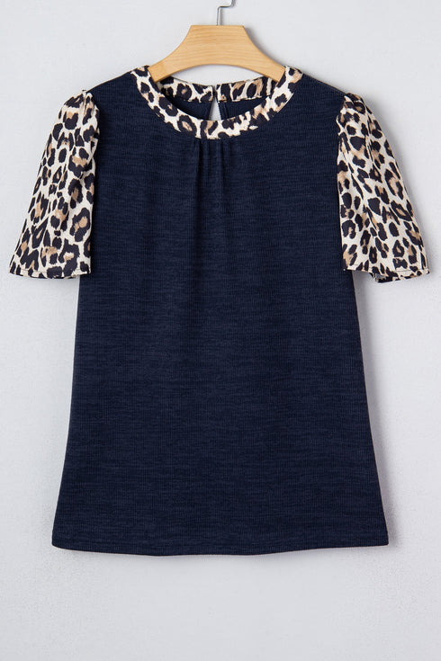Leopard Patchwork Ribbed Knit Short Sleeve Pocket Top