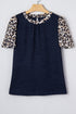 Leopard Patchwork Ribbed Knit Short Sleeve Pocket Top