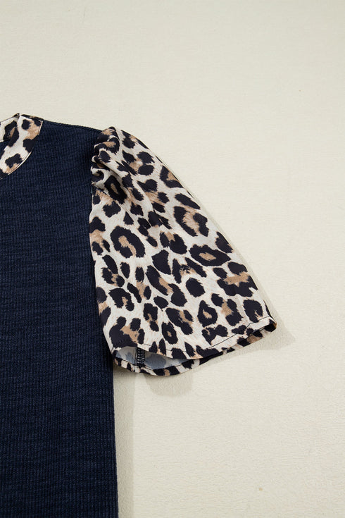 Leopard Patchwork Ribbed Knit Short Sleeve Pocket Top