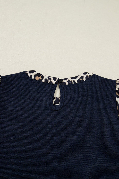 Leopard Patchwork Ribbed Knit Short Sleeve Pocket Top