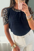 Leopard Patchwork Ribbed Knit Short Sleeve Pocket Top