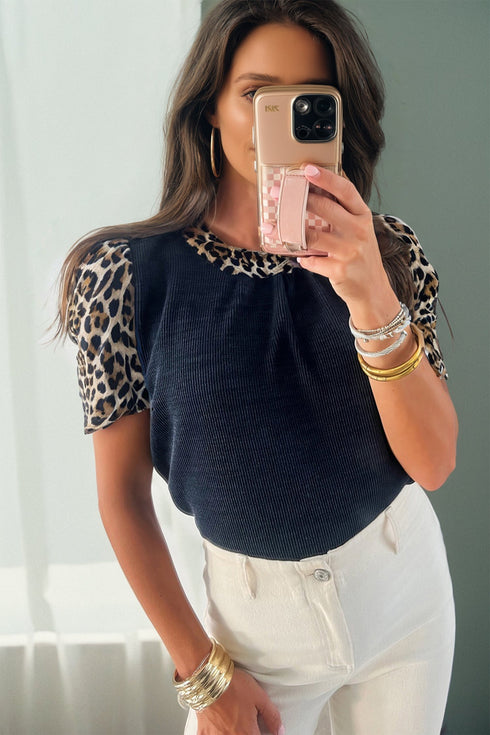 Leopard Patchwork Ribbed Knit Short Sleeve Pocket Top