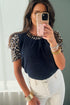 Leopard Patchwork Ribbed Knit Short Sleeve Pocket Top
