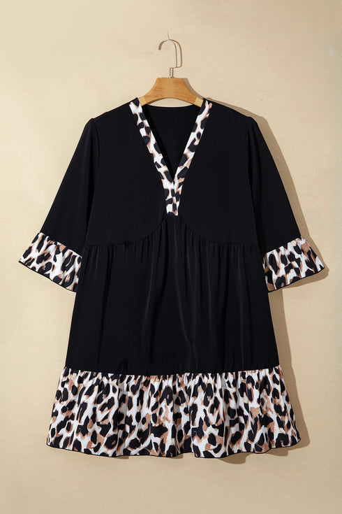 Leopard Patchwork V Neck Ruffle Hem Plus Size Mini Dress