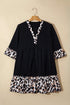 Leopard Patchwork V Neck Ruffle Hem Plus Size Mini Dress