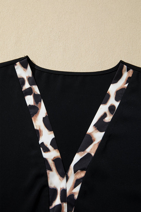 Leopard Patchwork V Neck Ruffle Hem Plus Size Mini Dress
