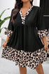 Leopard Patchwork V Neck Ruffle Hem Plus Size Mini Dress