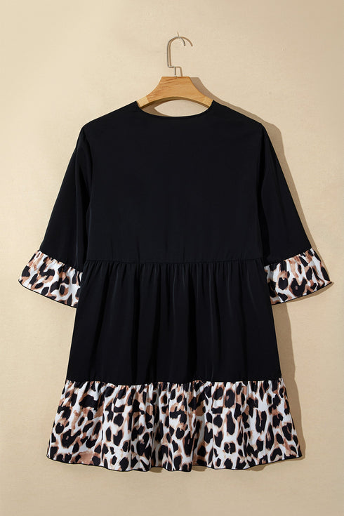 Leopard Patchwork V Neck Ruffle Hem Plus Size Mini Dress