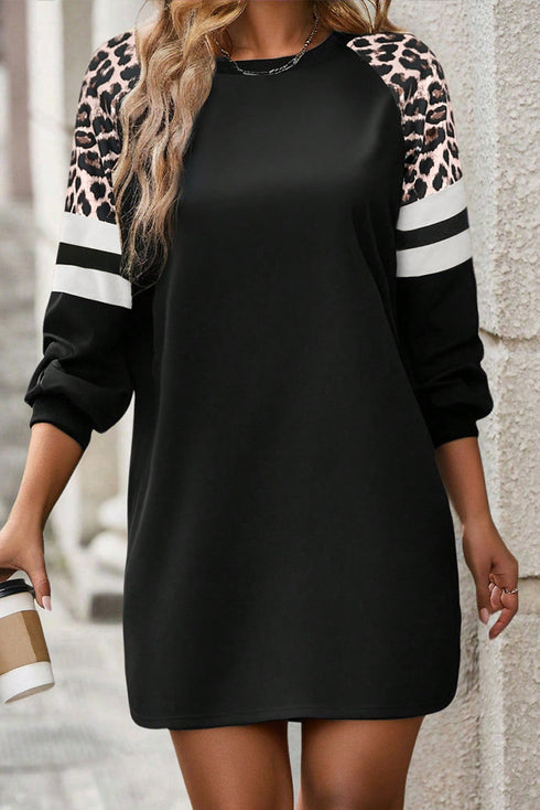 Leopard Patchwork Varsity Raglan Sweatshirt Shift Mini Dress