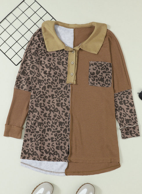Leopard Patchwork Waffle Knit Buttoned Blouse