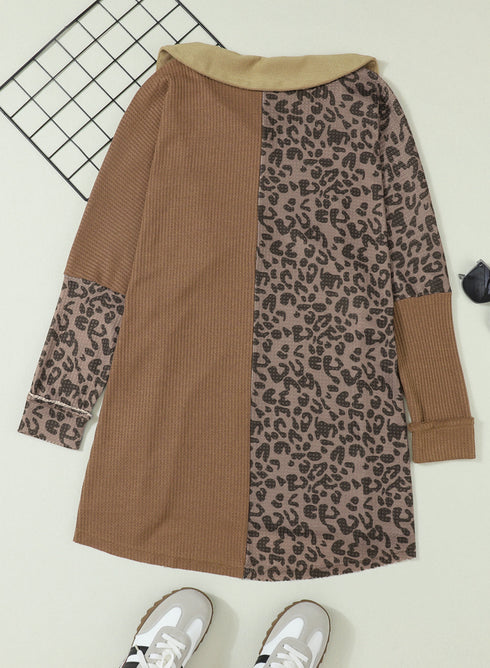 Leopard Patchwork Waffle Knit Buttoned Blouse