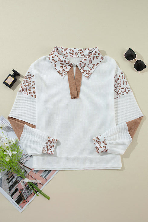 Leopard Patchwork Waffle Knit Turn Down Collar Top