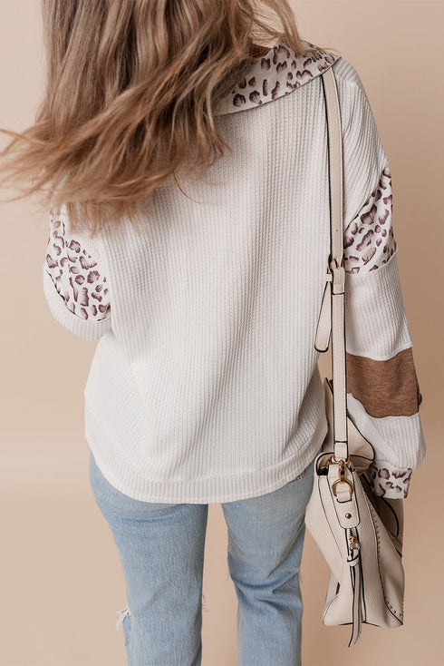 Leopard Patchwork Waffle Knit Turn Down Collar Top