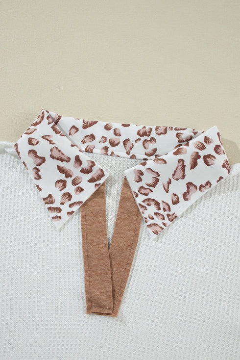 Leopard Patchwork Waffle Knit Turn Down Collar Top
