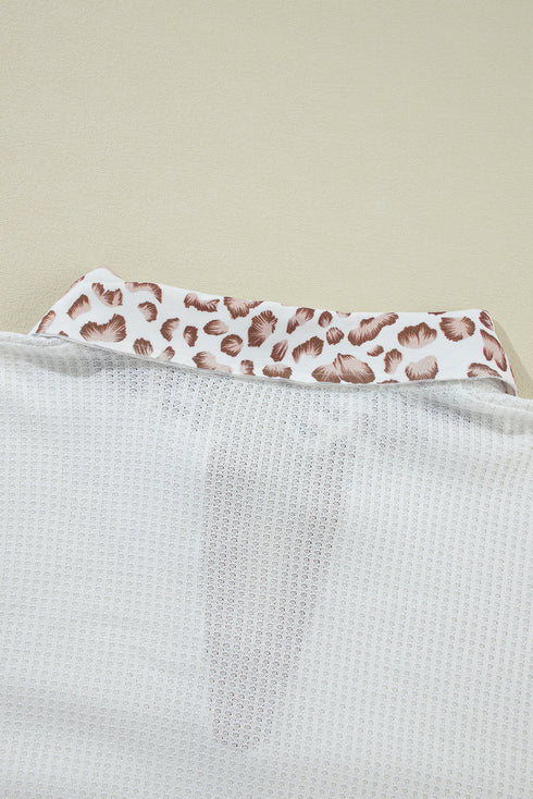 Leopard Patchwork Waffle Knit Turn Down Collar Top