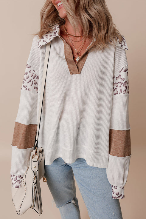 Leopard Patchwork Waffle Knit Turn Down Collar Top