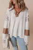 Leopard Patchwork Waffle Knit Turn Down Collar Top