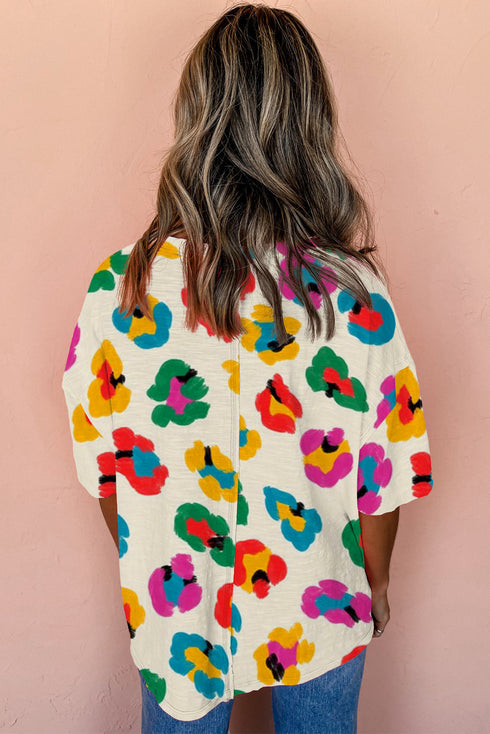 Leopard Pattern Drop Shoulder Oversized Knit Tee