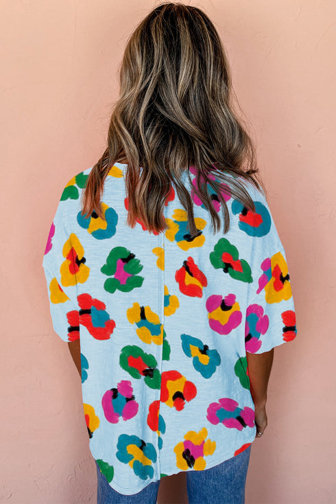 Leopard Pattern Drop Shoulder Oversized Knit Tee