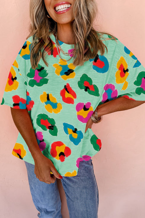 Leopard Pattern Drop Shoulder Oversized Knit Tee
