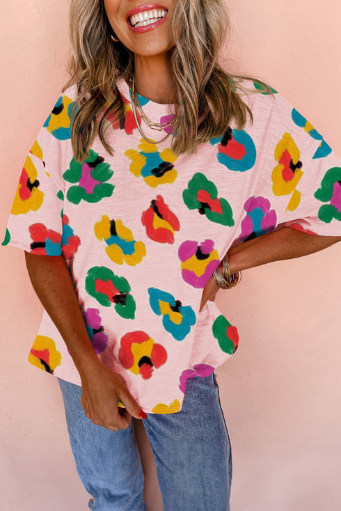 Leopard Pattern Drop Shoulder Oversized Knit Tee
