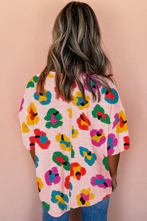 Leopard Pattern Drop Shoulder Oversized Knit Tee