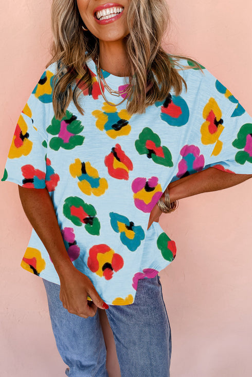 Leopard Pattern Drop Shoulder Oversized Knit Tee