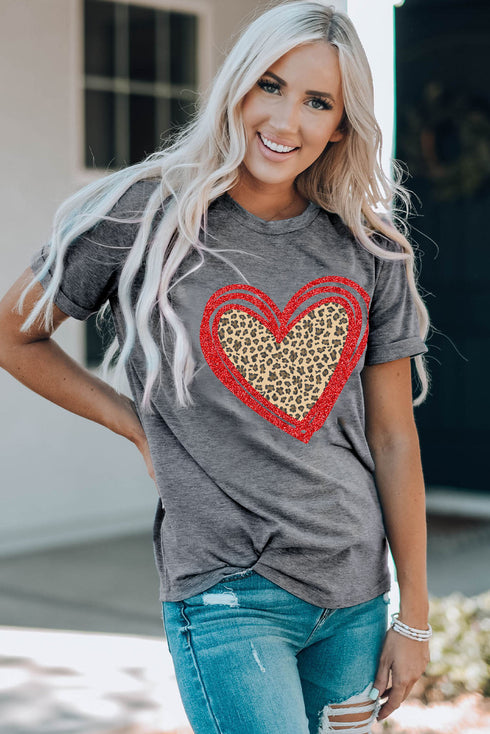Leopard Pattern Heart Graphic Heathered Crew Neck Tee