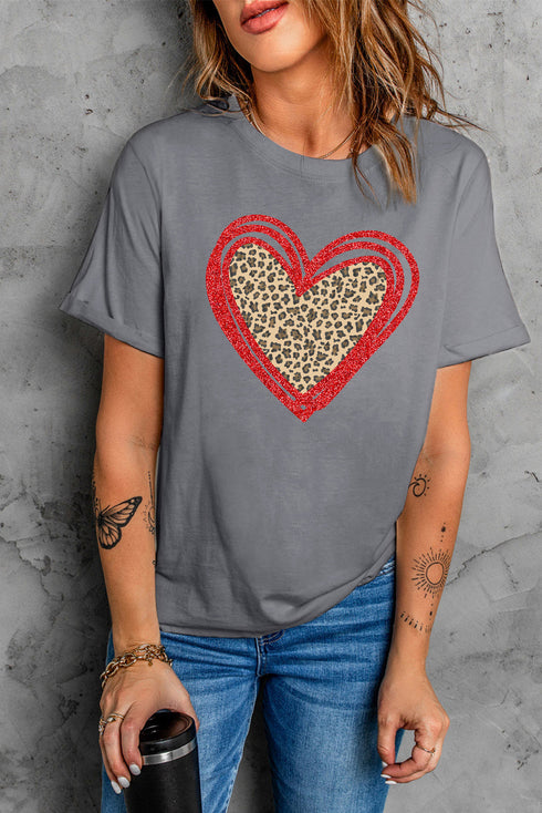 Leopard Pattern Heart Graphic Heathered Crew Neck Tee