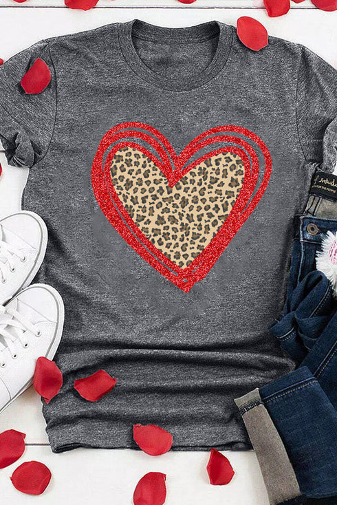Leopard Pattern Heart Graphic Heathered Crew Neck Tee