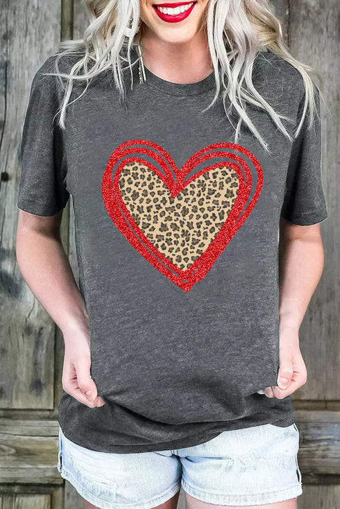Leopard Pattern Heart Graphic Heathered Crew Neck Tee
