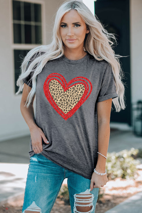 Leopard Pattern Heart Graphic Heathered Crew Neck Tee