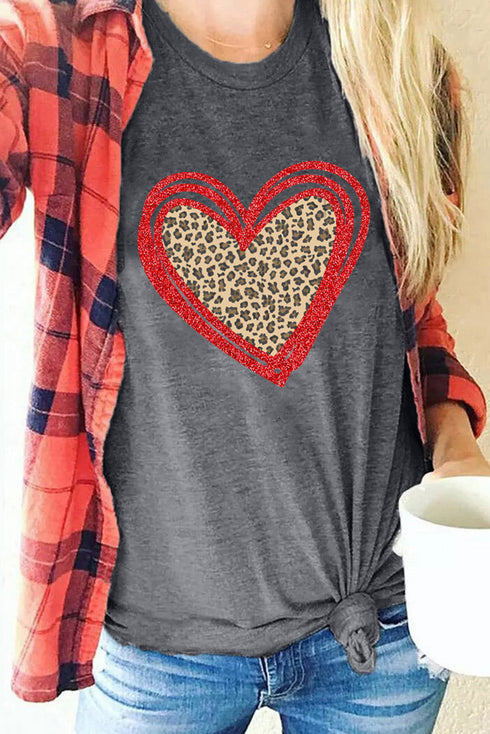 Leopard Pattern Heart Graphic Heathered Crew Neck Tee