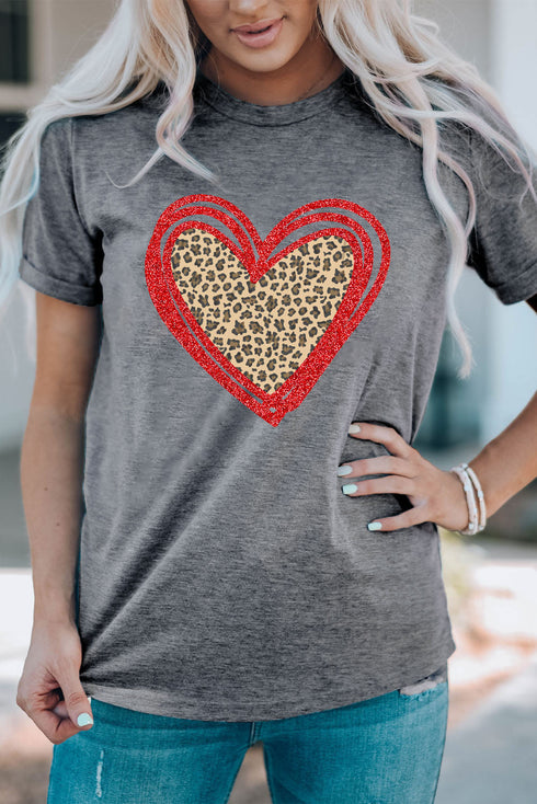 Leopard Pattern Heart Graphic Heathered Crew Neck Tee