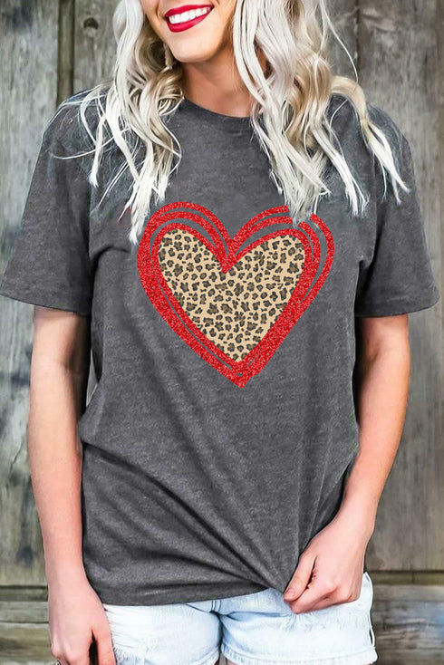 Leopard Pattern Heart Graphic Heathered Crew Neck Tee