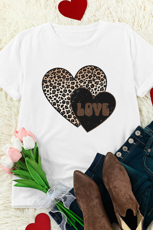 Leopard Pattern Heart Graphic Rolled Cuff Jersey Tee
