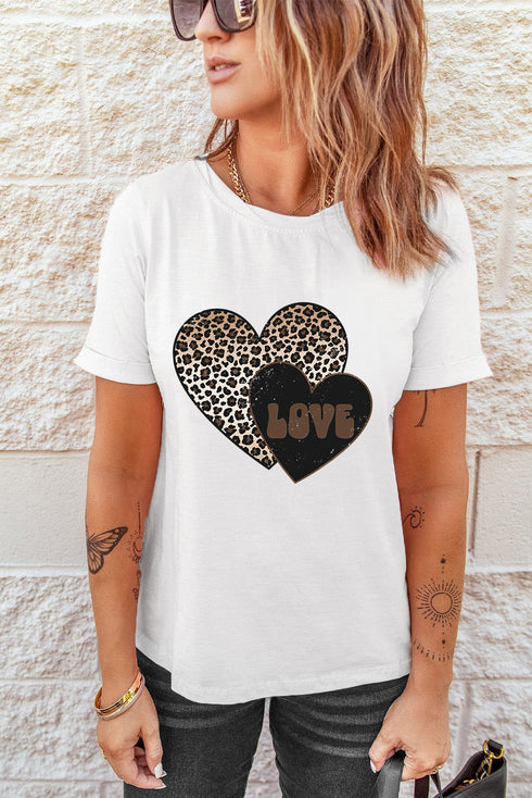 Leopard Pattern Heart Graphic Rolled Cuff Jersey Tee