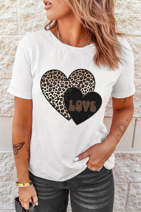 Leopard Pattern Heart Graphic Rolled Cuff Jersey Tee