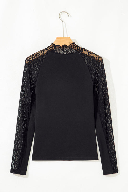 Leopard Pattern Mesh Patchwork Long Sleeve Top