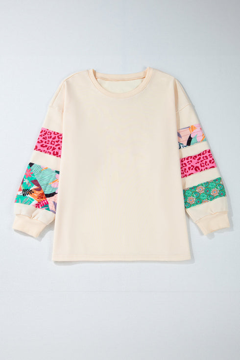 Leopard Pattern Patchwork Applique Split Sleeve Sweatshirt