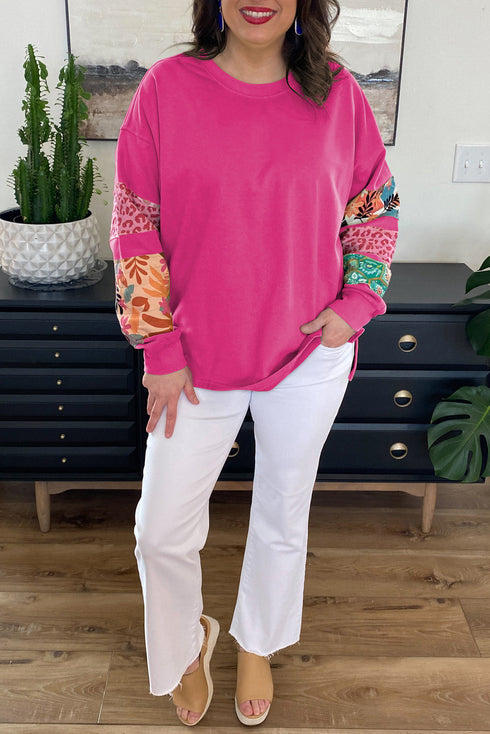 Leopard Pattern Patchwork Applique Split Sleeve Sweatshirt