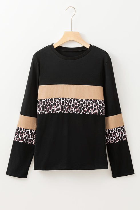 Leopard Pattern Patchwork Crew Neck Long Sleeve Tee