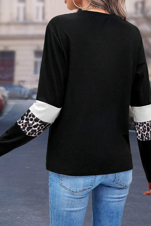 Leopard Pattern Patchwork Crew Neck Long Sleeve Tee